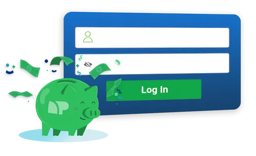 Login screen with username and password fields and a green 'Log In' button, accompanied by a smiling green piggy bank with money flying out, symbolizing savings or financial access.