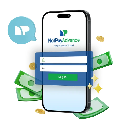 A smartphone displaying the NetPay Advance mobile app login screen with a username field, password field, and green Log In button, surrounded by floating cash, coins, and sparkles