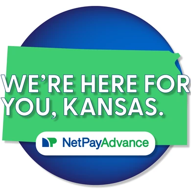 Graphic showing a green map outline of Kansas with the text 'We're Here For You, Kansas.' and the NetPay Advance logo against a dark blue circular background.