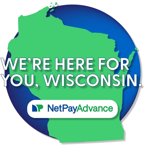 We're Here For You, South Carolina, Net Pay Advance badge with the South Carolina state outline in green over a blue circle