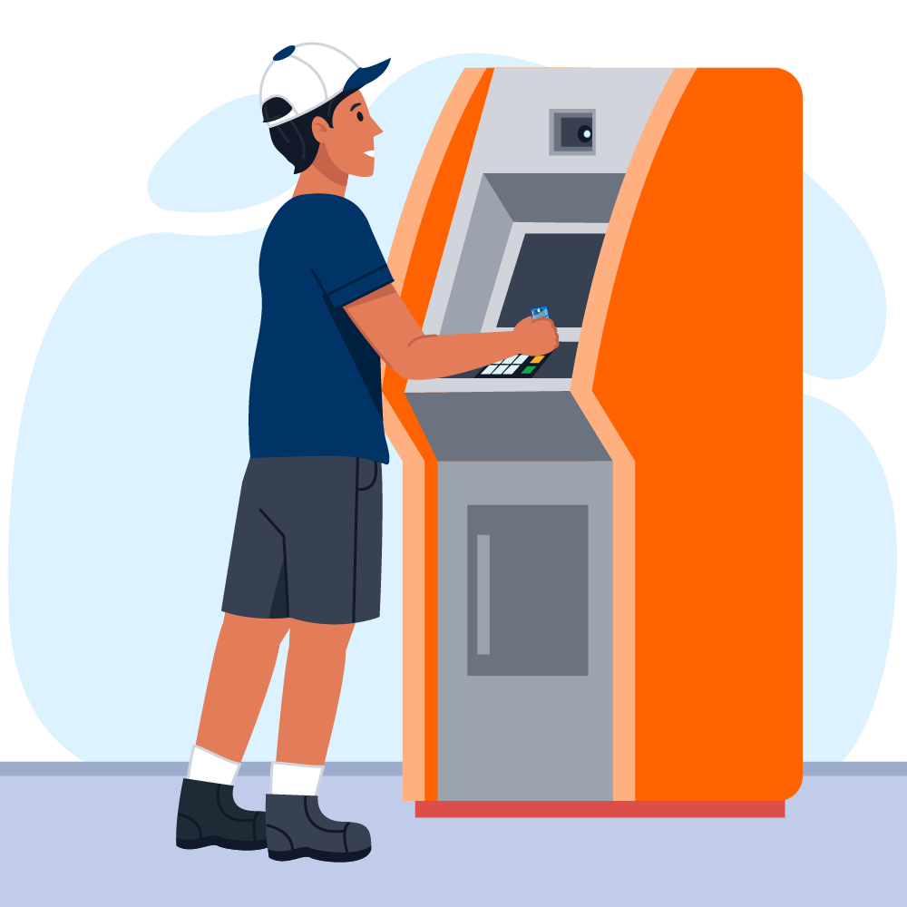 Illustration of a smiling young man in a baseball cap inserting a debit card into an orange ATM.