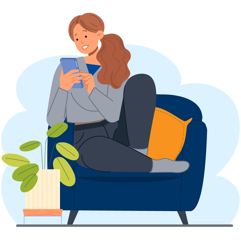Illustration of a smiling woman relaxing on a blue armchair while applying for a loan on her smartphone.